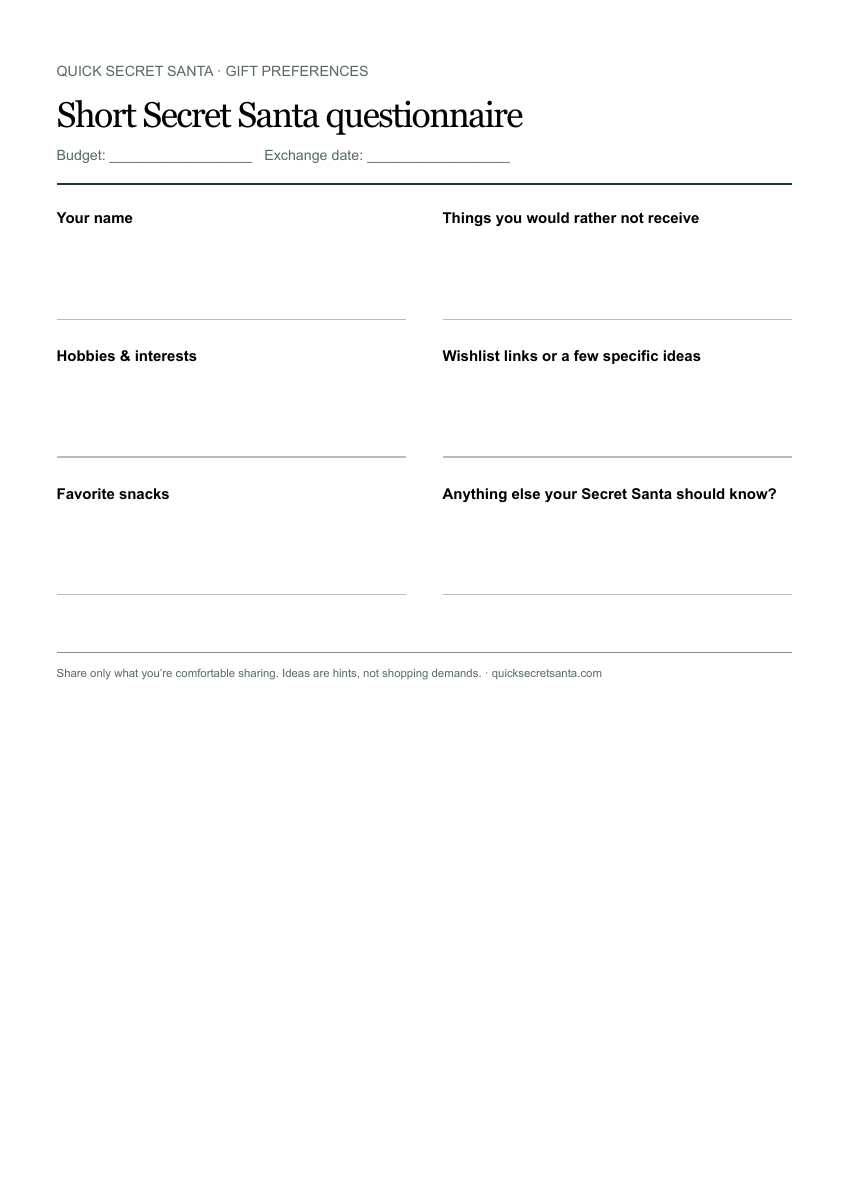 First page of the printable short Secret Santa questionnaire with six optional gift-preference questions